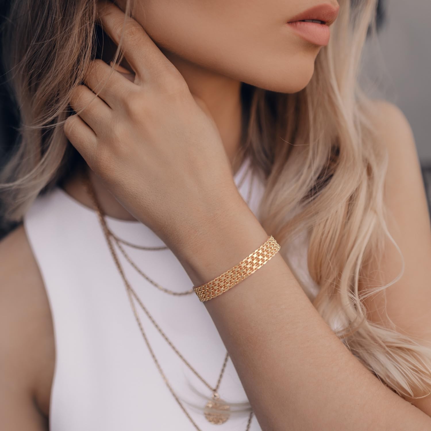 14K Gold Women’s Bracelet, Widen Chain Jewelry Gift, Adjustable 6.5-8.5in
