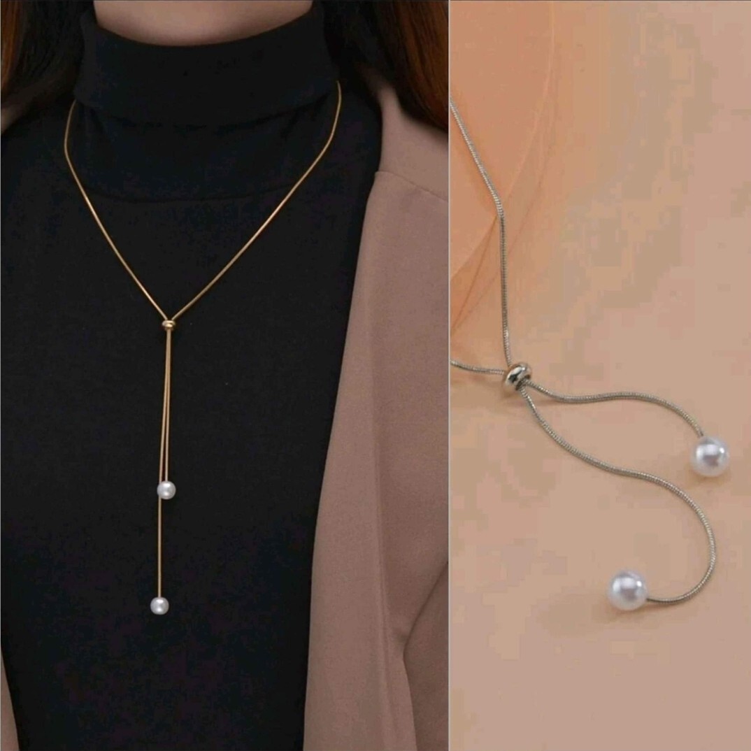 2 FAUX PEARL DECO Y LARIAT ADJUSTABLE NECKLACE JEWELRY COLOR GOLD & SILVER