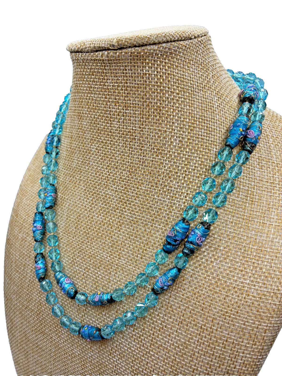 Antique Murano Venetian Glass Aqua Blue Wedding Cake Crystal Bead 39″ Necklace