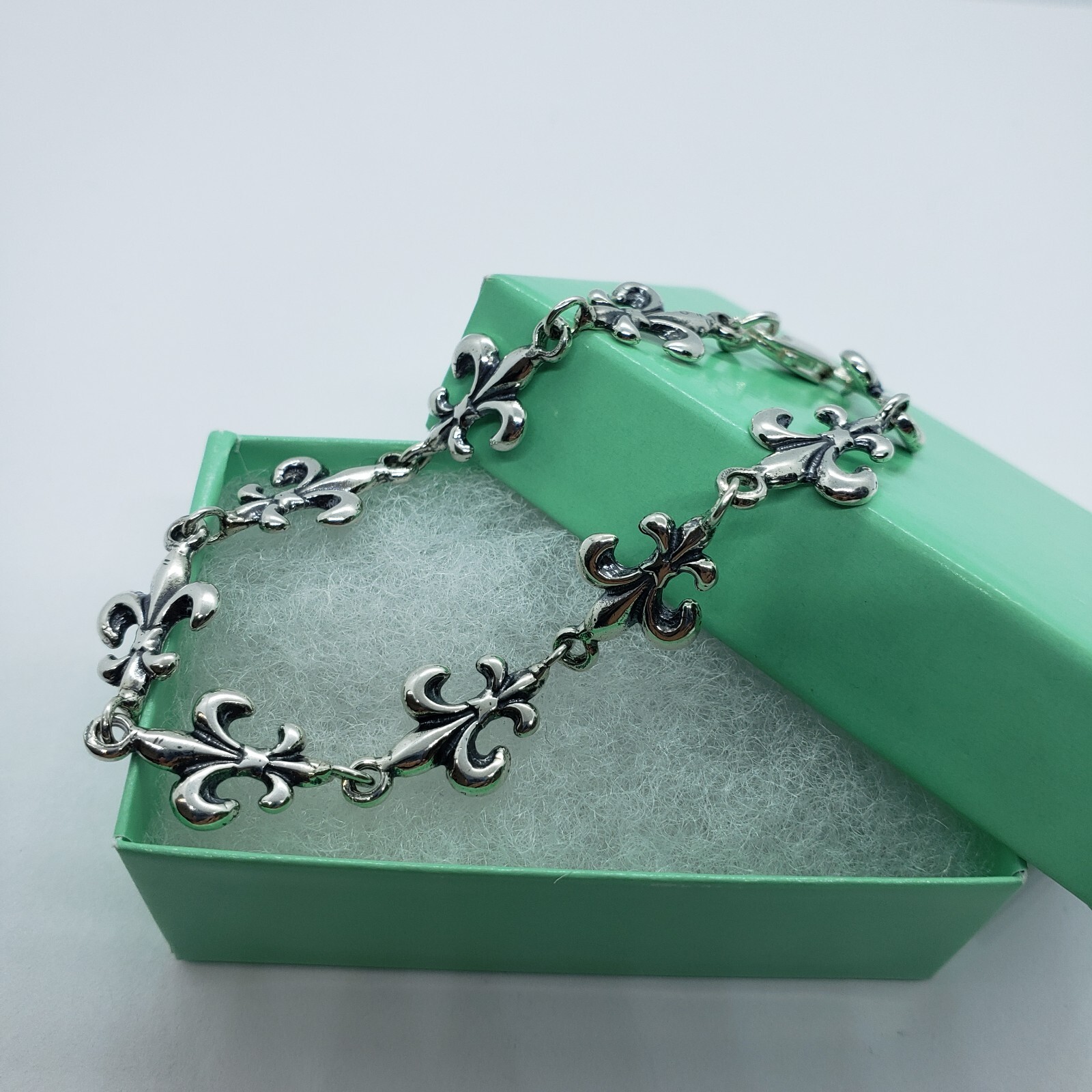 925 Sterling Silver Fleur De Lis French Lily Bracelet Anklet 7.5 inches Long