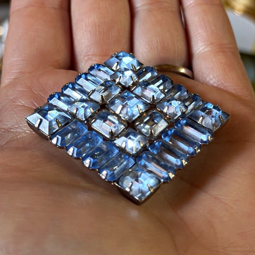 Weiss Blue Rhinestone Square Cluster Brooch Pin Silver Tone Baguette Stones