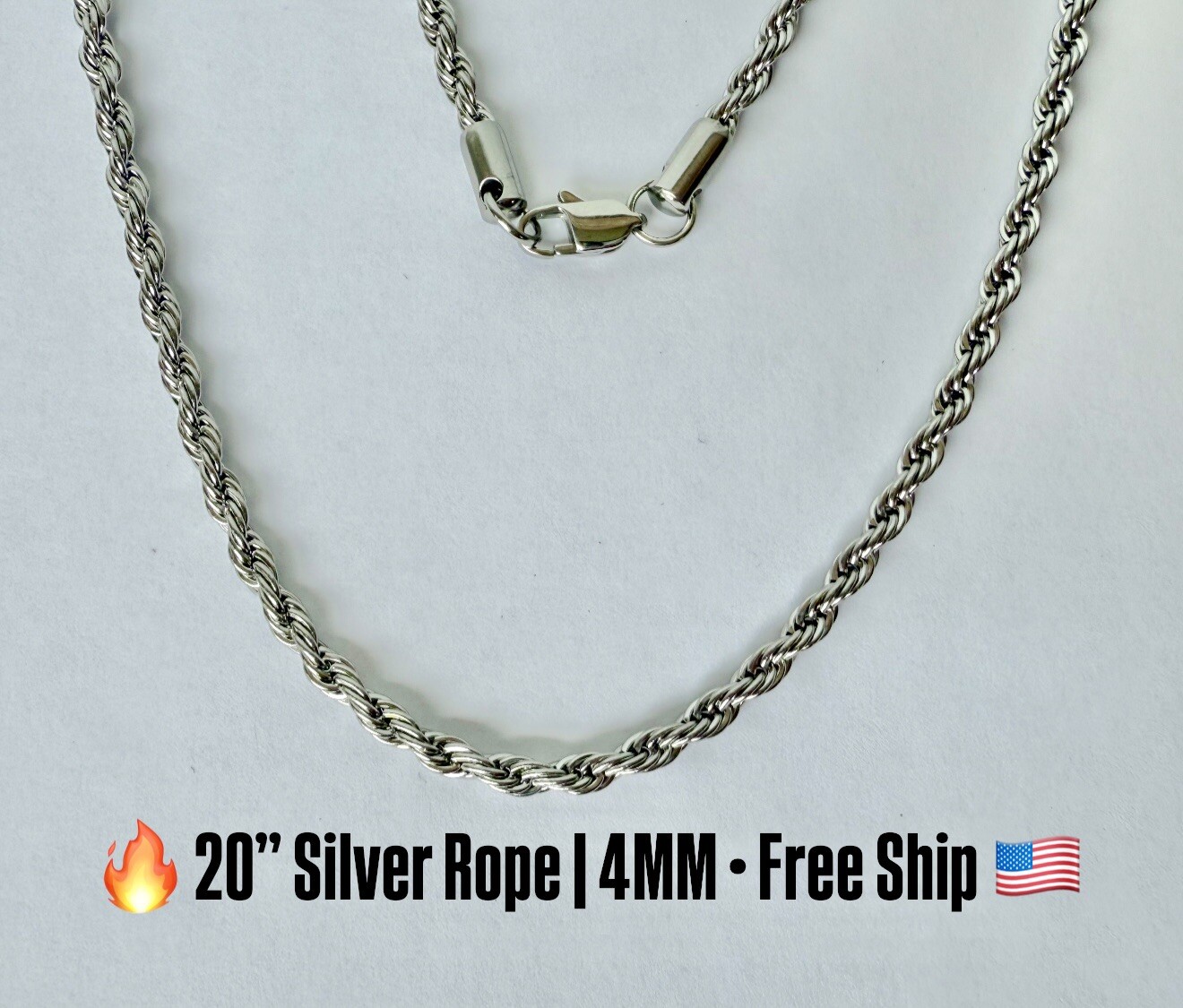 Silver Rope Chain Necklace 20” | 4MM Twisted | Stainless Steel | Mens Bling