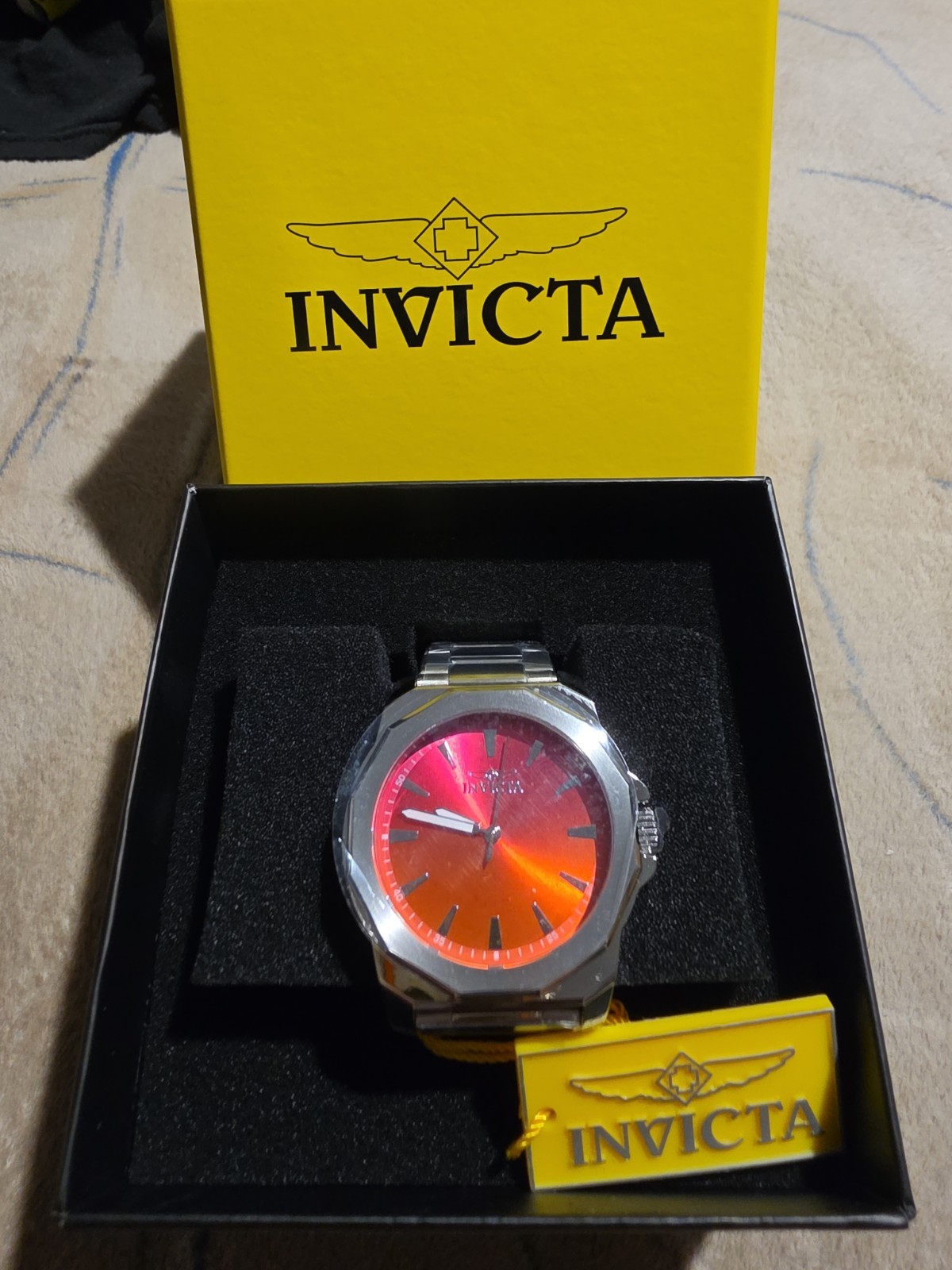 Invicta 50982 Mens Quartz Watch Stainless Steel Red Orange Sunburst Dial 43mm