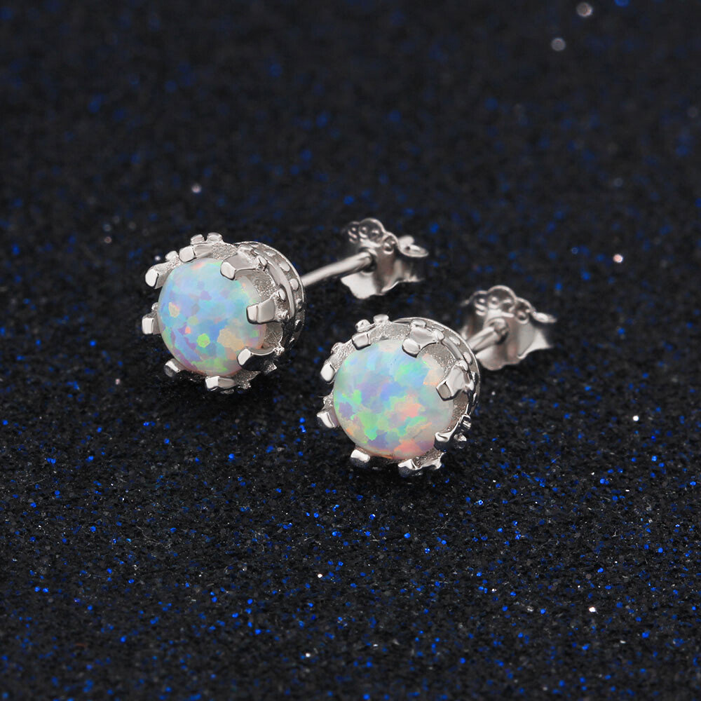 NEW Simple and Elegant 925 Silver Stud Earrings, White, Blue, Pink Fire Opal