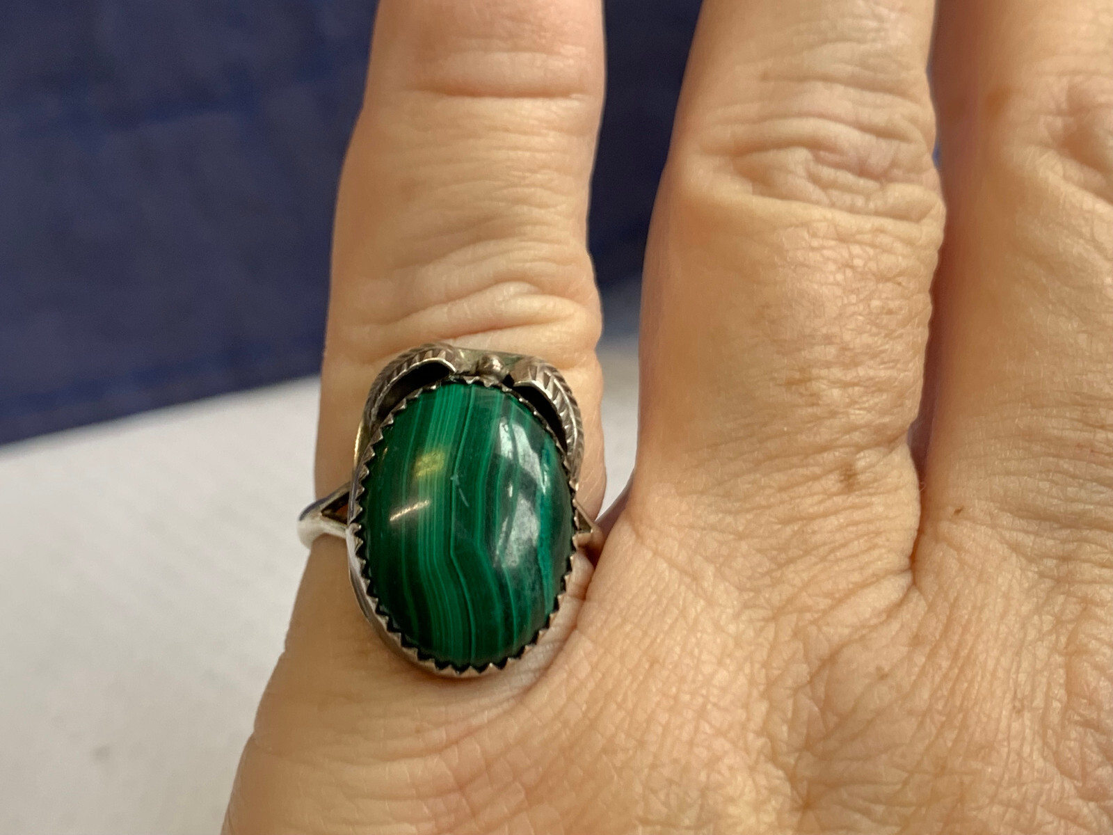 Sterling Silver Signed Ring 5.92g Fine Jewelry Size 7.75 Band Green Malachite