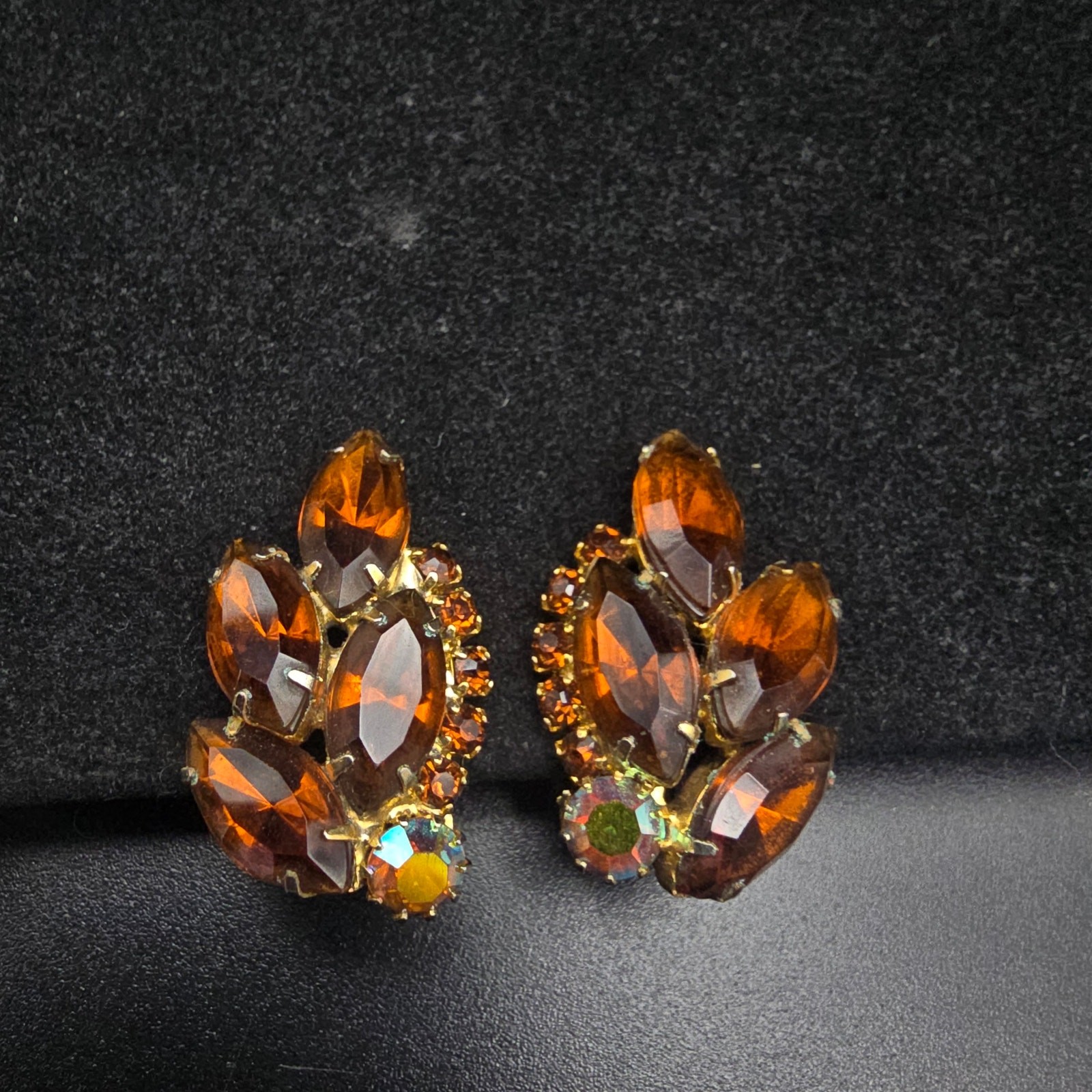 Faux Citrine Amber Rhinestone Clip On Earrings Vintage Glam Costume Jewelry