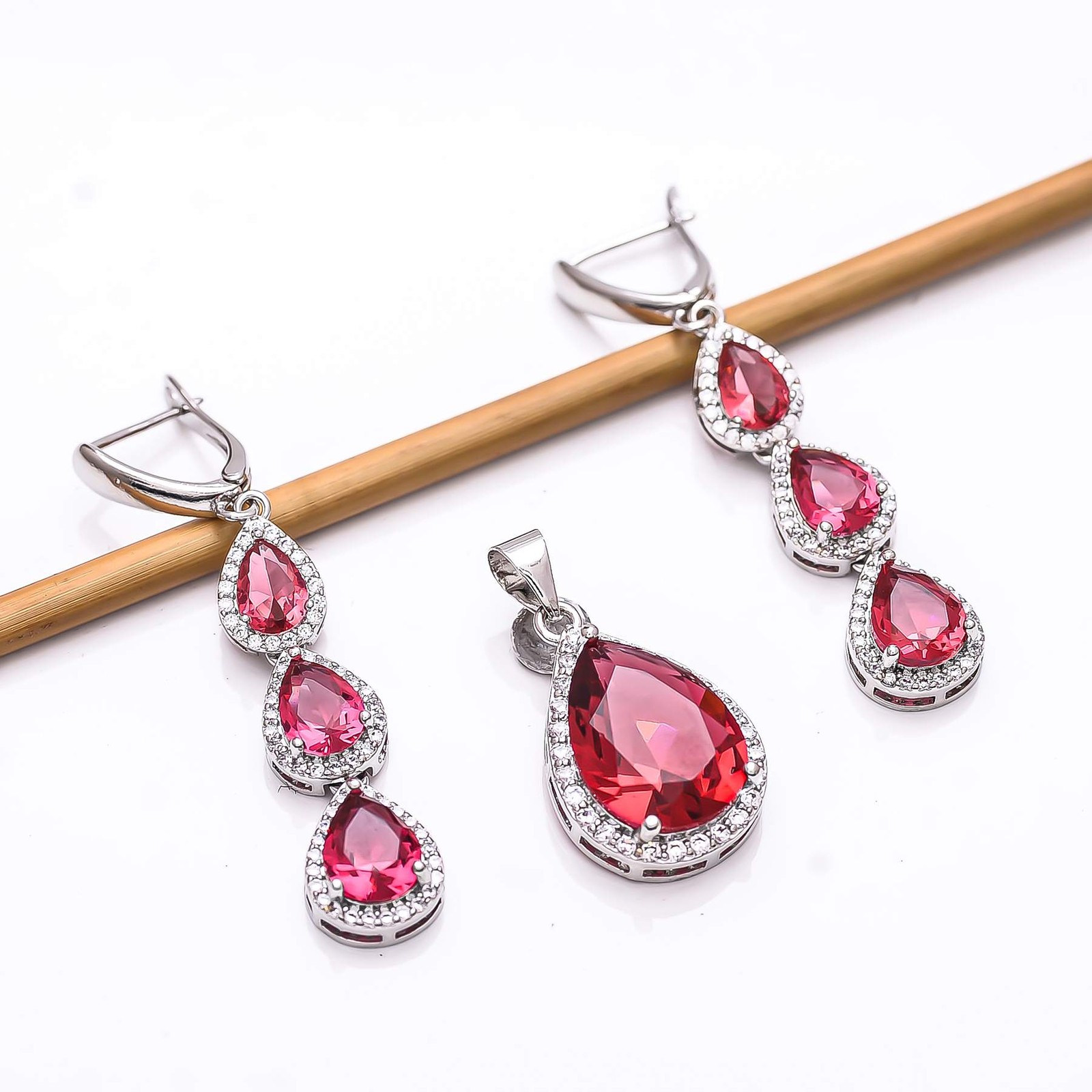 Pink Rubellite Tourmaline & CZ 925 Silver Handmade Pendant Earring Set P25