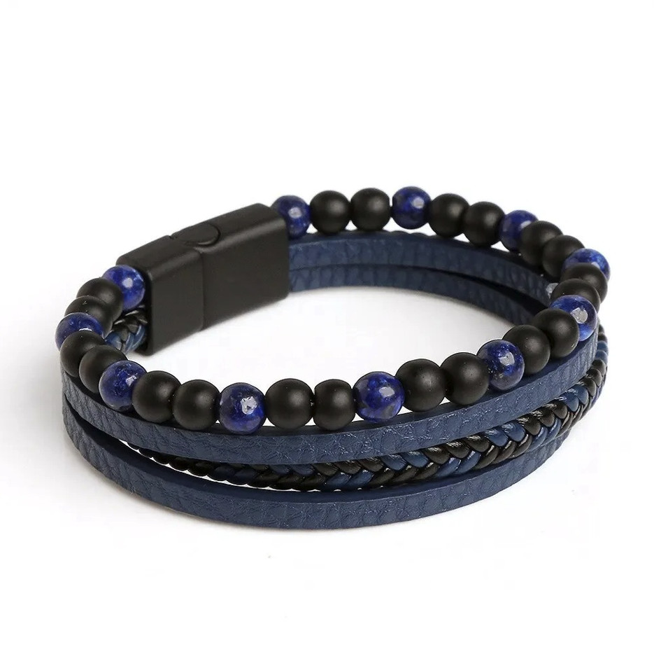 1pc Men Leather Tiger Eye Beaded Bracelet Multi Layer Wrap Style – NEW
