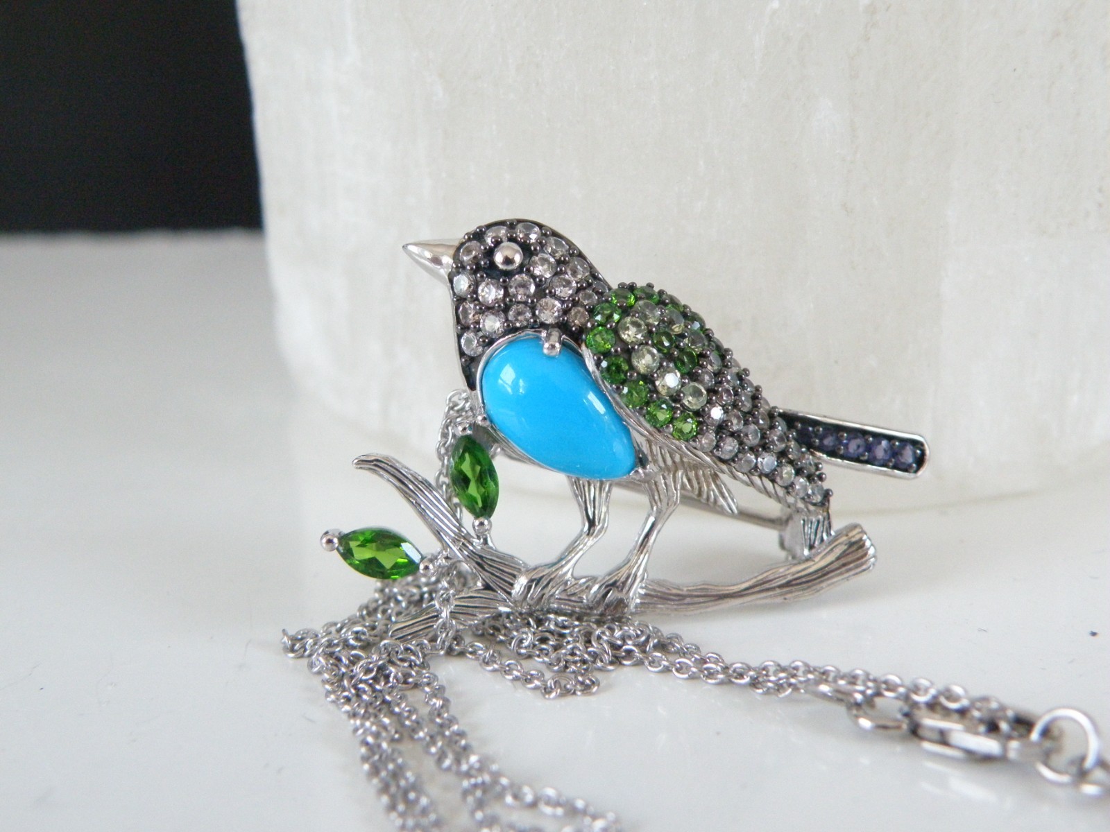Victoria Wieck Sterling Silver 925 Turquoise Gemstone Bird Brooch Slide Necklace