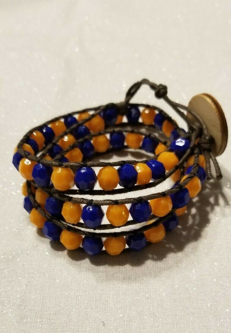 Blue/Orange Gator/Bronco/Auburn Themed Rondelle 3 Wrap Bracelet on Brown Leather
