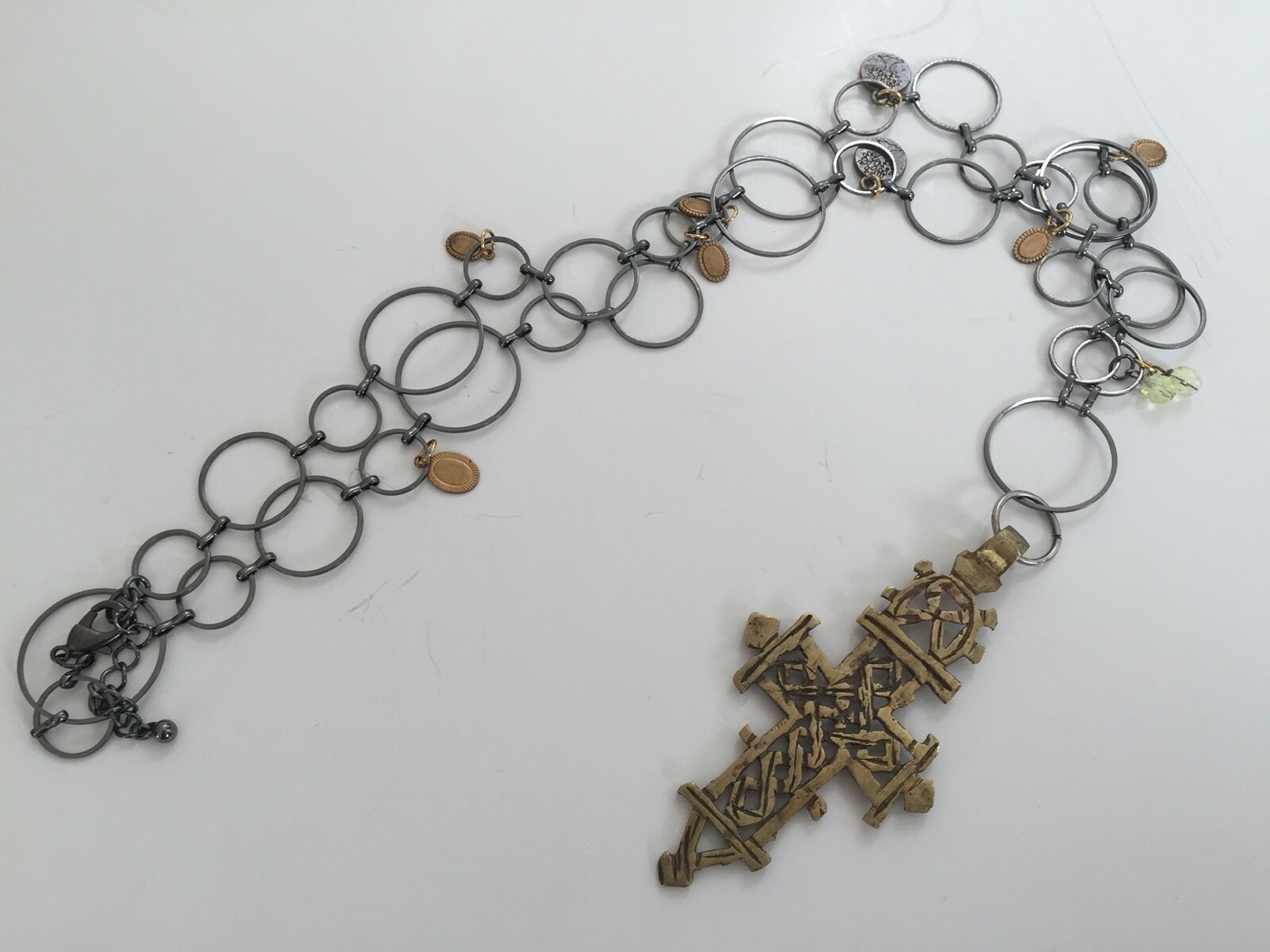 ARTISAN CRAFTED LONG GOLD COPTIC CROSS NECKLACE w GUNMETAL ROUND CHAIN is NWOT!