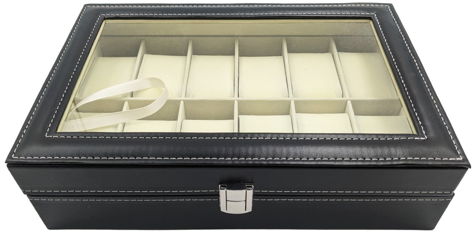 Watch Box 12-Grid Mens Black PU Leather Display Glass Top Jewelry Case Organizer