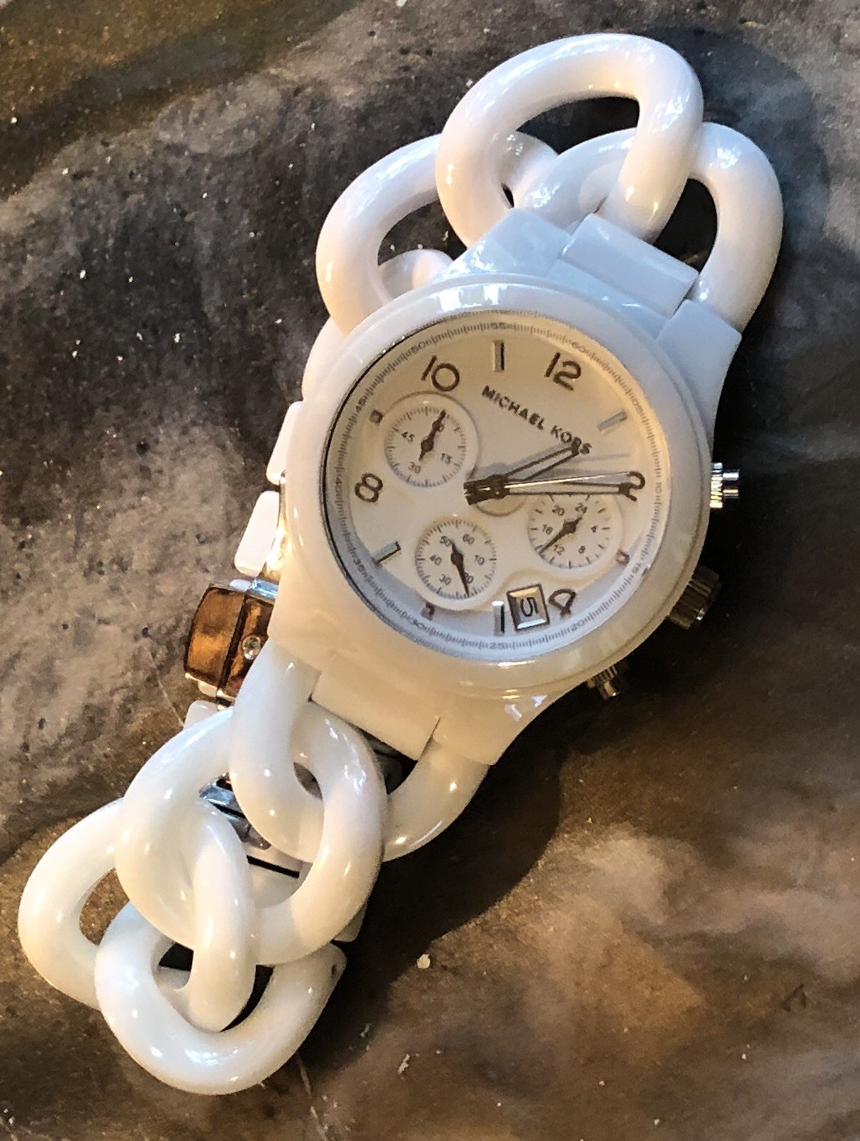 ✨🤍 NOS STUNNING Early MICHAEL KORS White CERAMIC Chain Link Bracelet Watch🤍✨