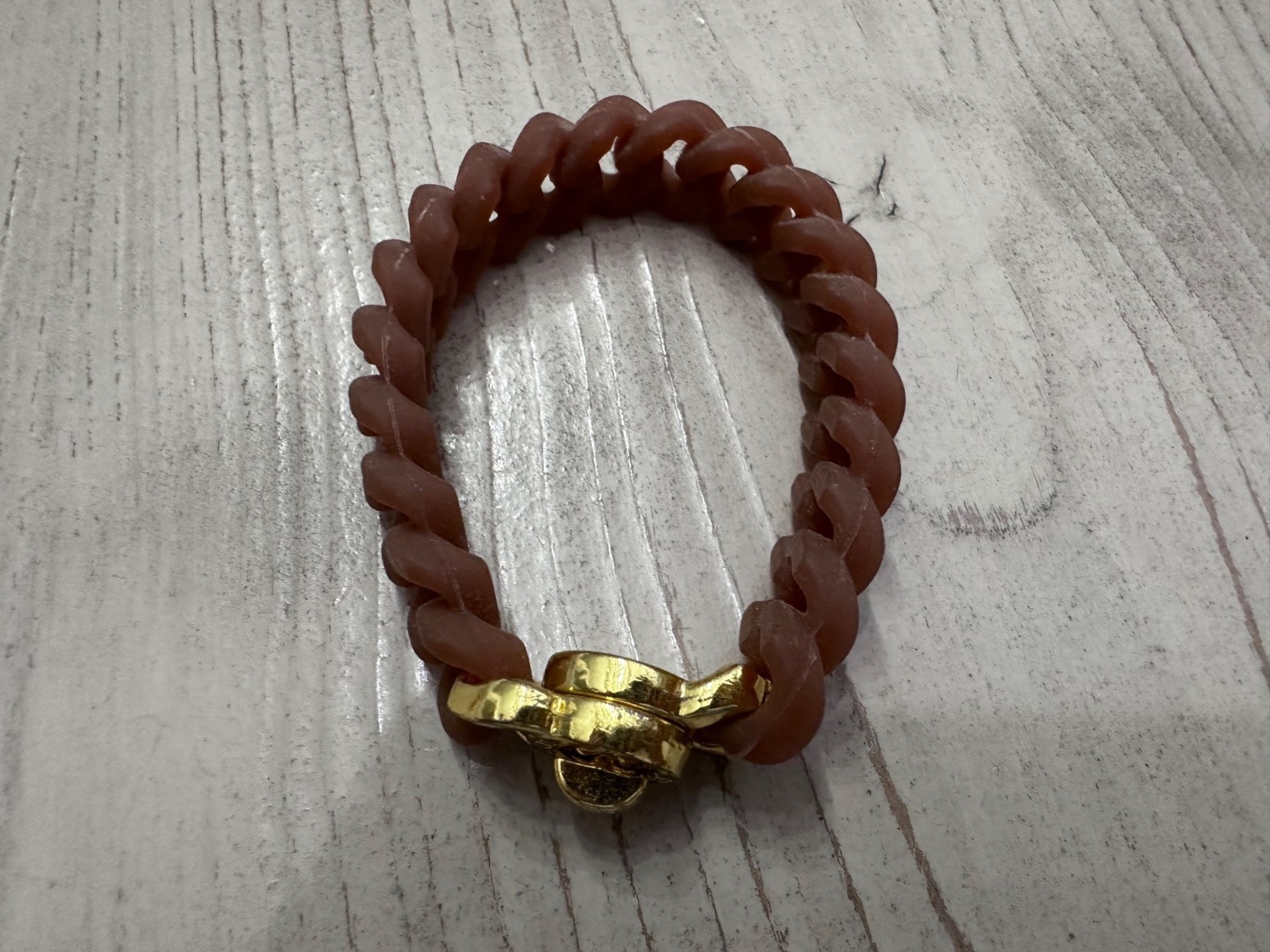 Rustic Cuff Brown Silicone Mock Chain Stretch Bracelet Gold Turn Lock