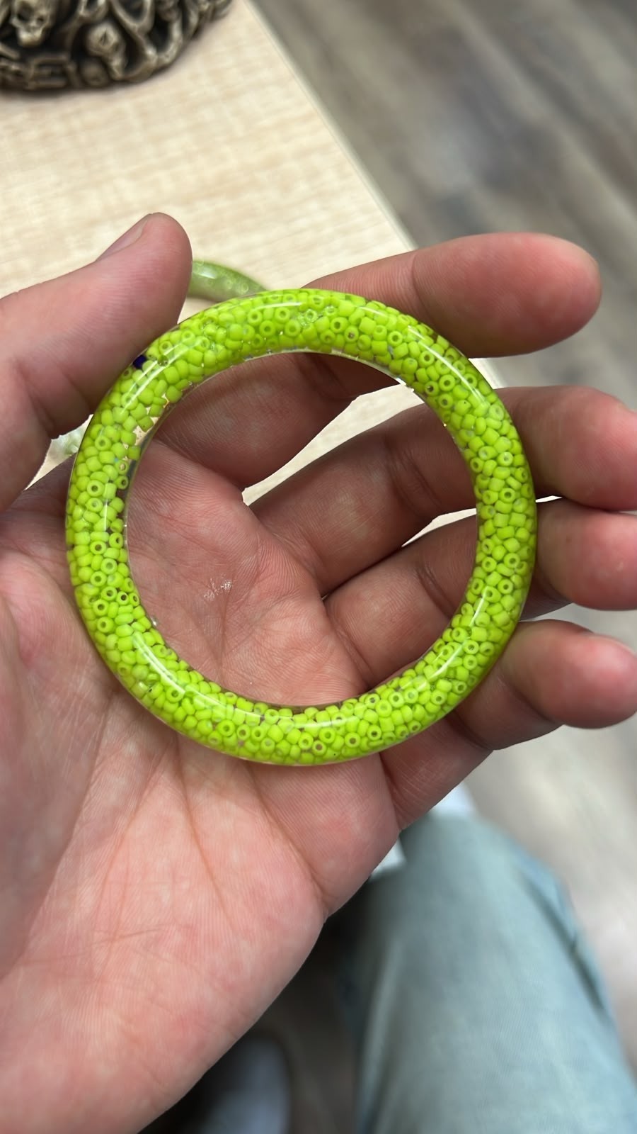 Clear Resin Bangle Bracelet Green Seed Bead Inside Handmade Acrylic Bangle Gift