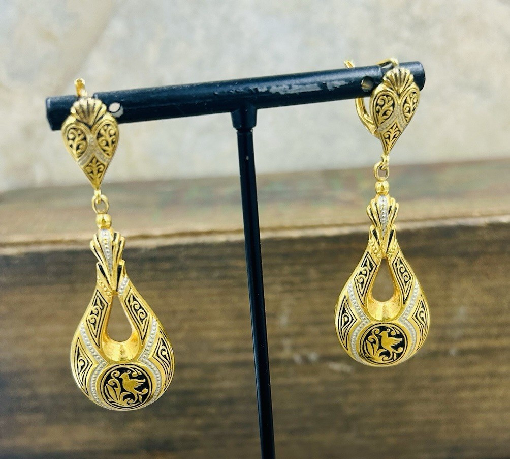 Vintage Spanish Damascene Gold-Tone Dangle Drop Earrings With Birds