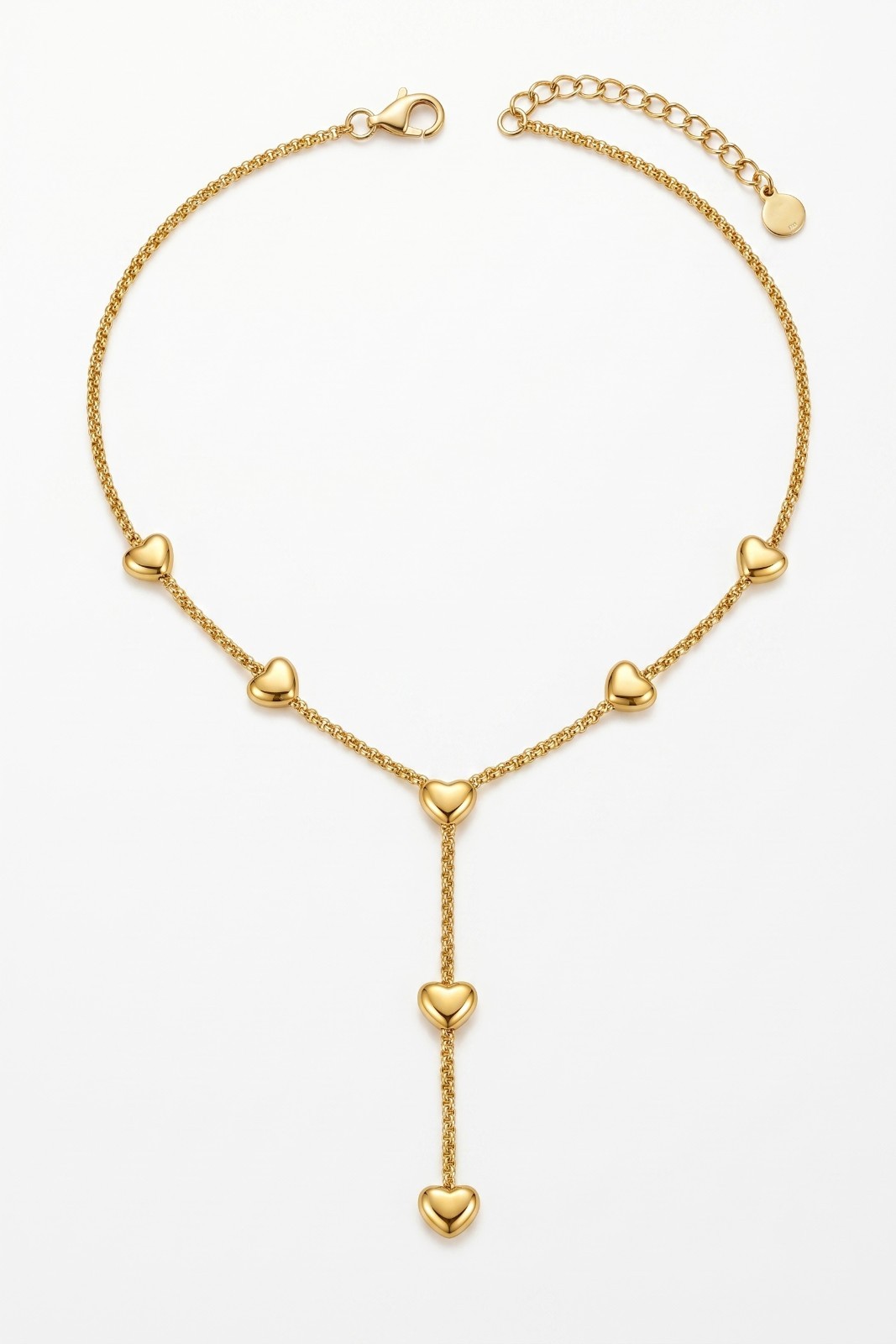 Stainless Steel 18K Gold Plated Station Puffed Heart Y Lariat Drop Necklace