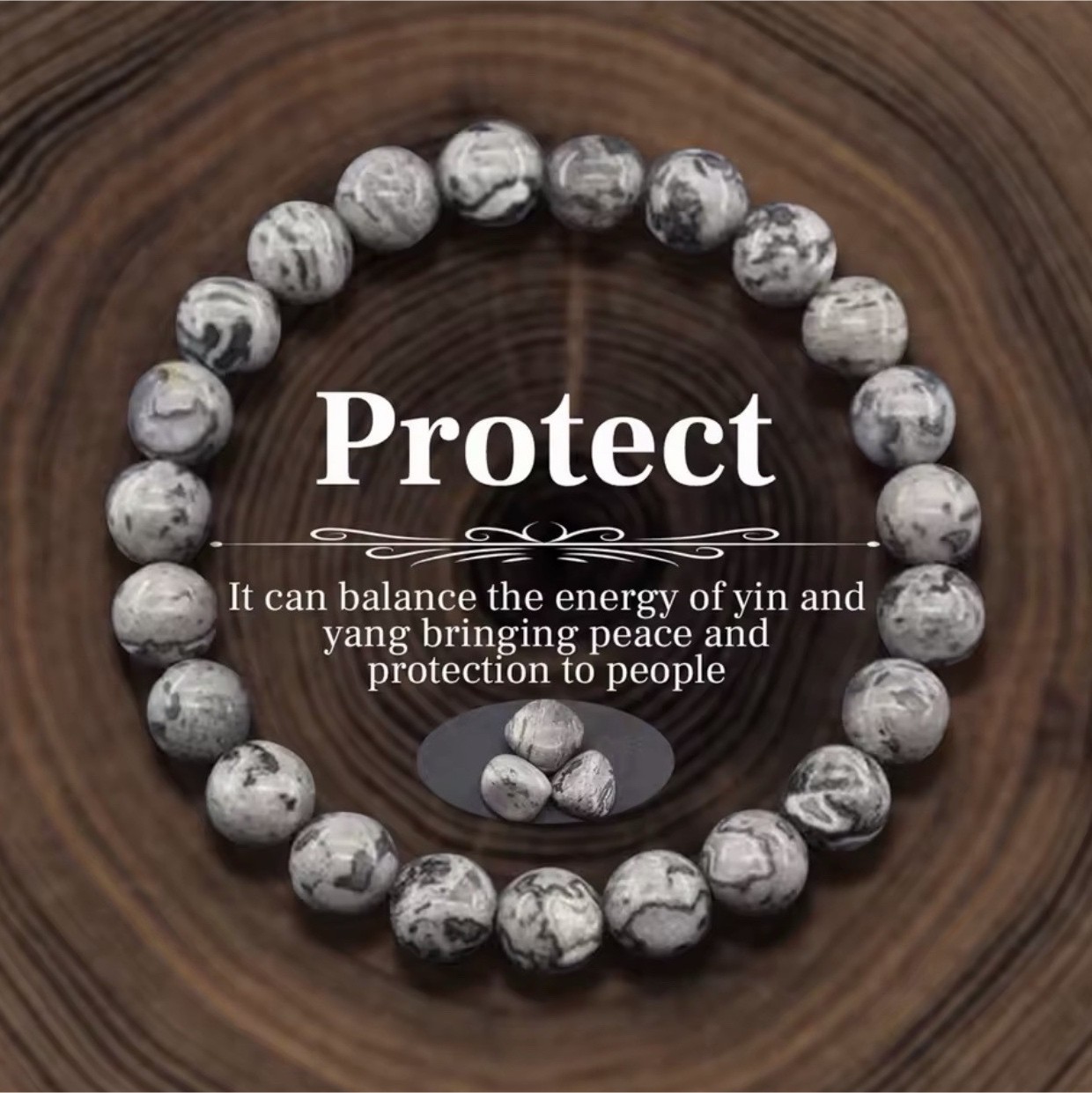 Natural Stone Beaded Bracelet Gray White Black Healing Protection Stretch Unisex