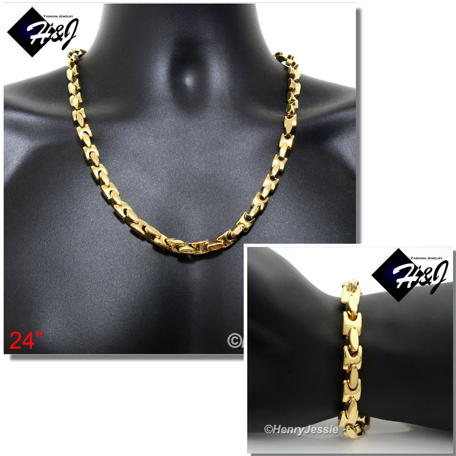 24″MEN Stainless Steel HEAVY 8mm Gold Plated Interlock Bones Necklace Bracelet