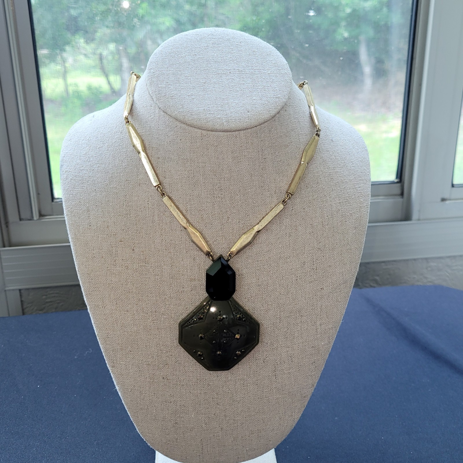 Lulu Frost For J Crew Olive Green Perfume Bottle Necklace Gold Tone