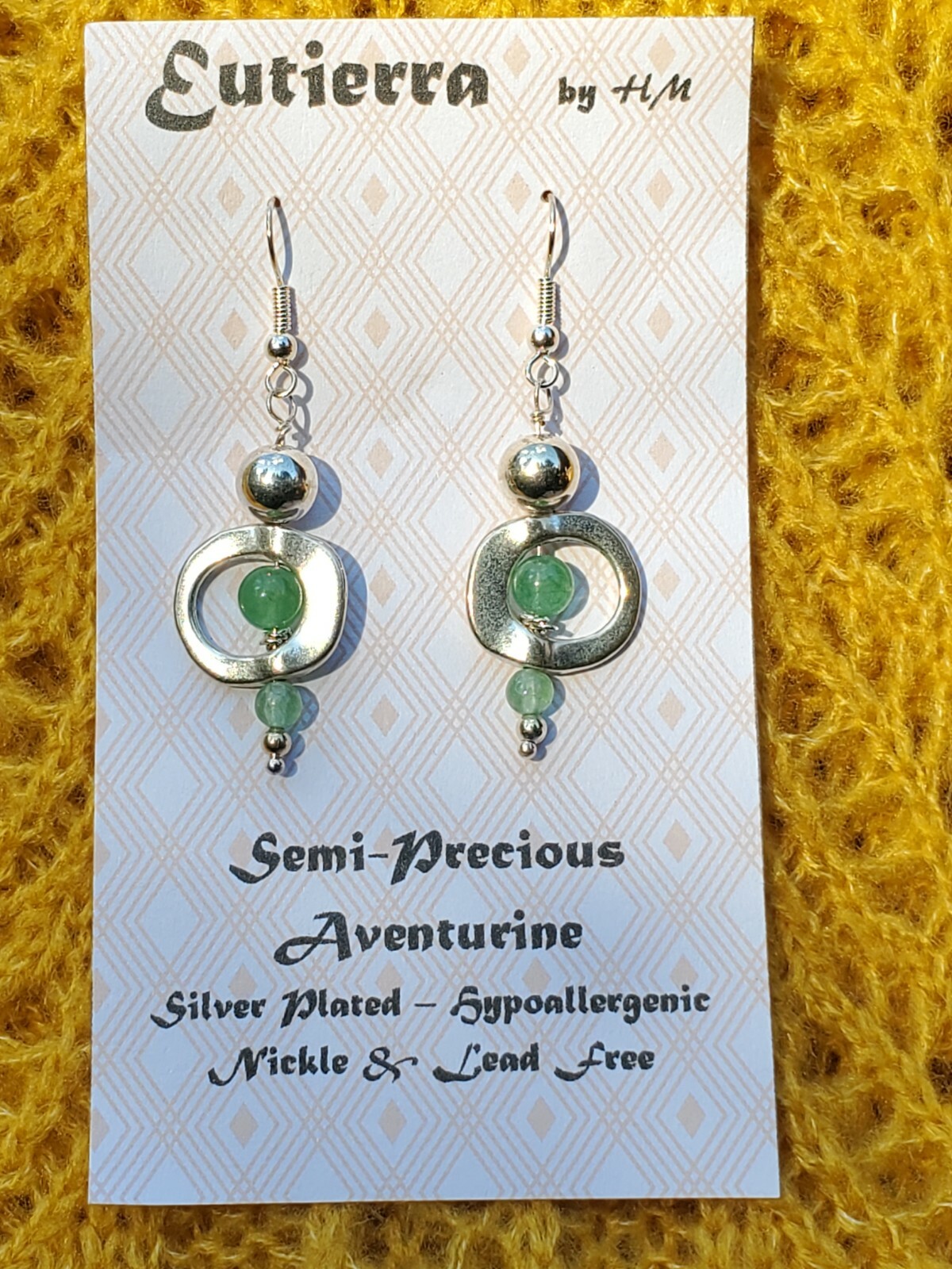 Eutierra Semi-Precious Aventurine Earrings Hand Crafted In USA Silver Plated 2″