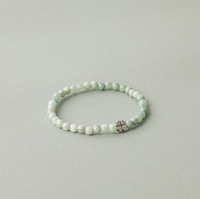Natural Jadeite Bracelet 4mm 925 Silver Four Leaf Clover Lucky Talisman Beads