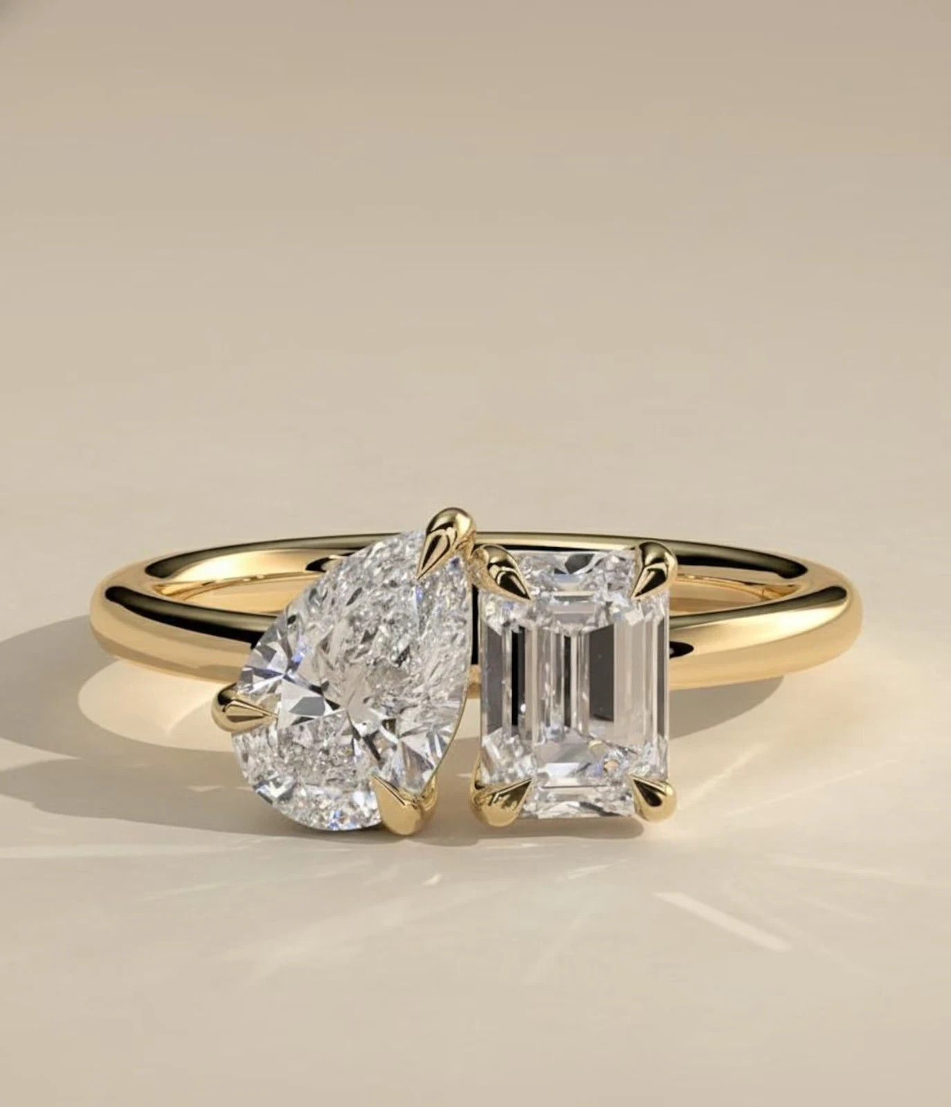 14k Yellow Gold Pear & Emerald Cut Diamond Ring 4 Ct Lab Grown IGI VVS E F