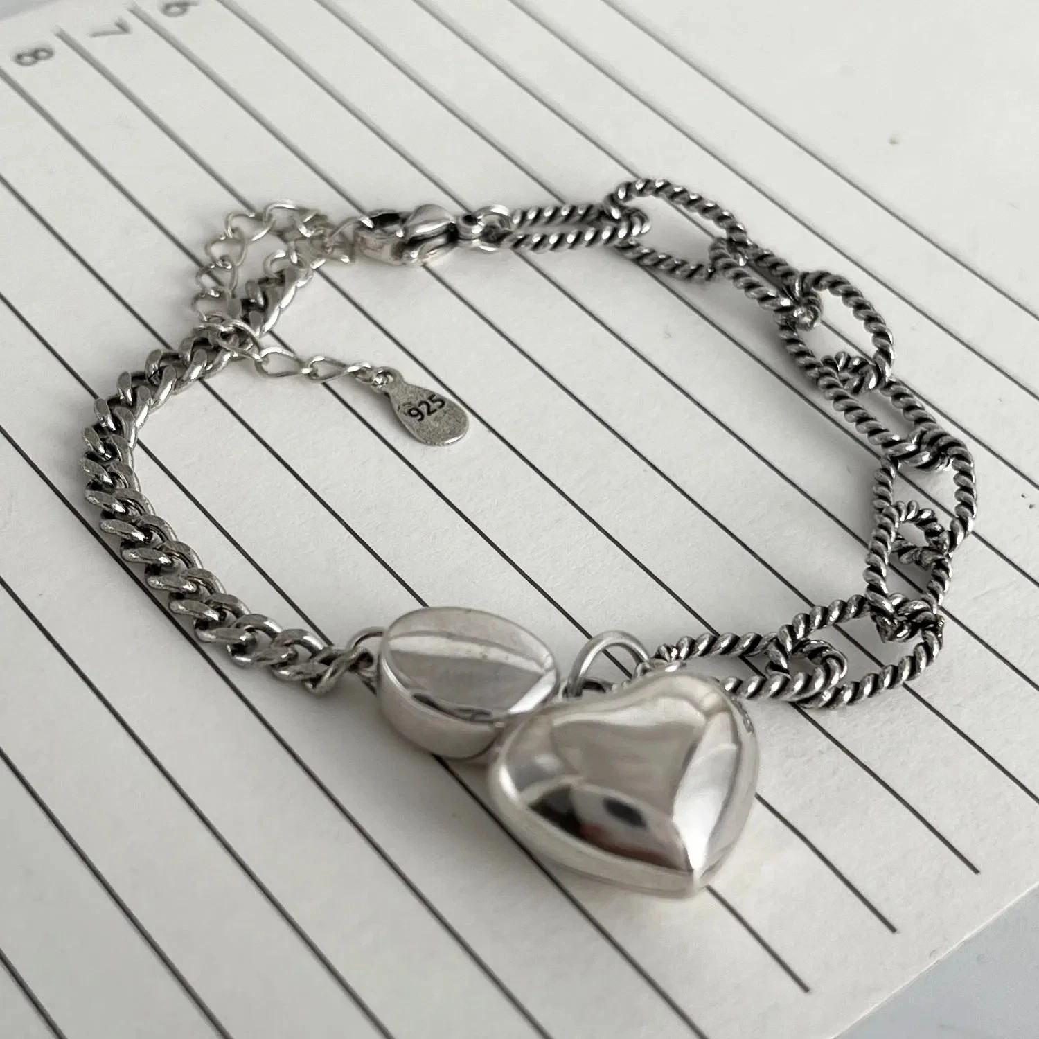 Women’s Vintage Heart Bracelet – Solid 925 Sterling Silver Handmade Jewelry