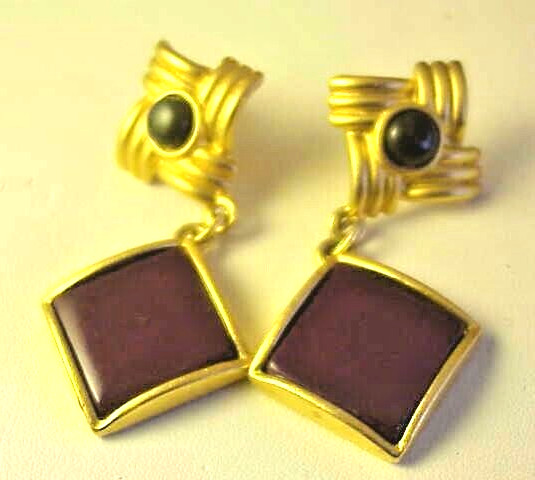 Vintage Pierced Earrings Gold Tone Maroonish Color Double Link Design No Caps