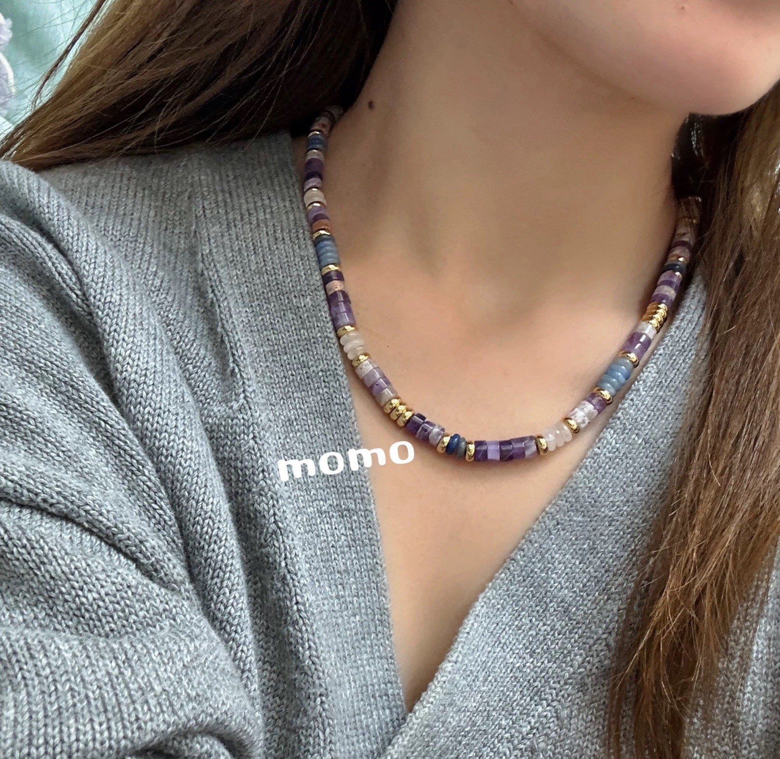 Layered Jade Necklace Set, Purple/Blue/White Beads, 18K Gold Plated, Handmade