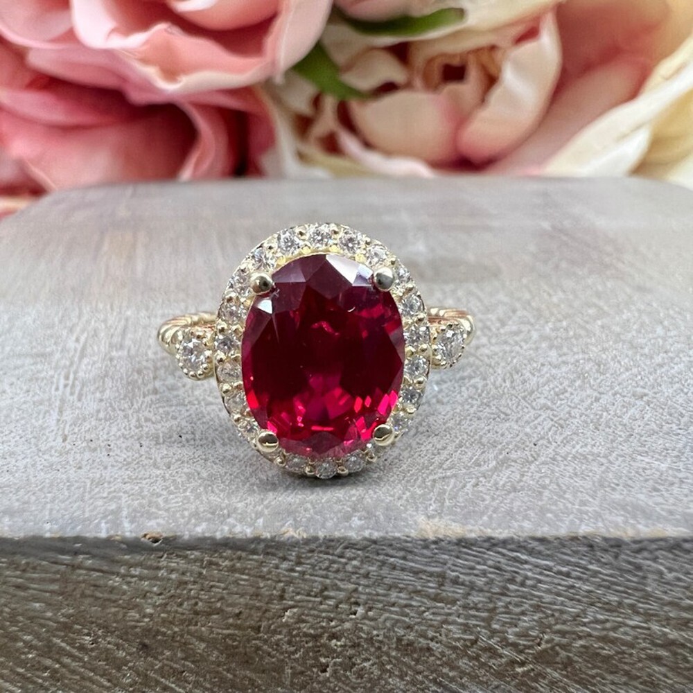 14K Yellow Gold Wedding Ring Lab Created 3.50 Ct Diamond Women Ruby Oval Red
