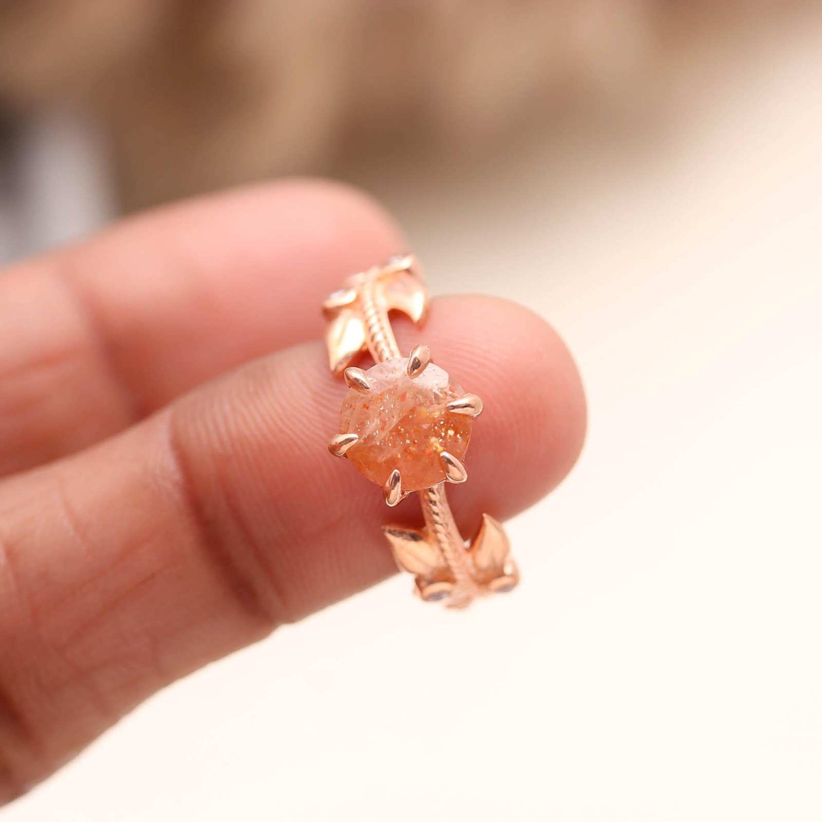 Natural Sunstone Round Cut Ring Rose Gold Fill 925Sterling Silver Dainty Jewelry