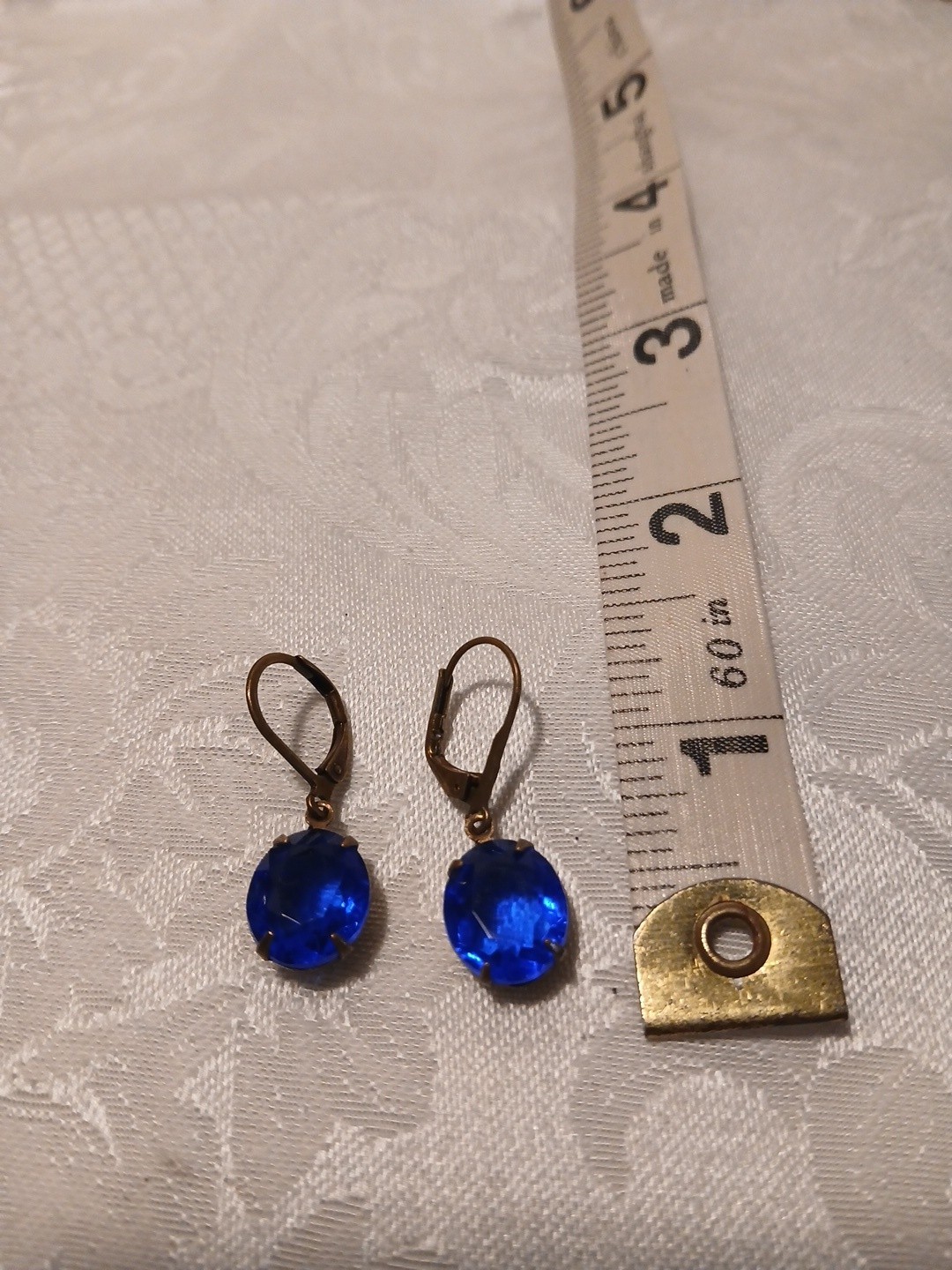 Vintage Cobalt Blue Faceted Glass Dangle Earrings, Brass Metal Prong, 1″