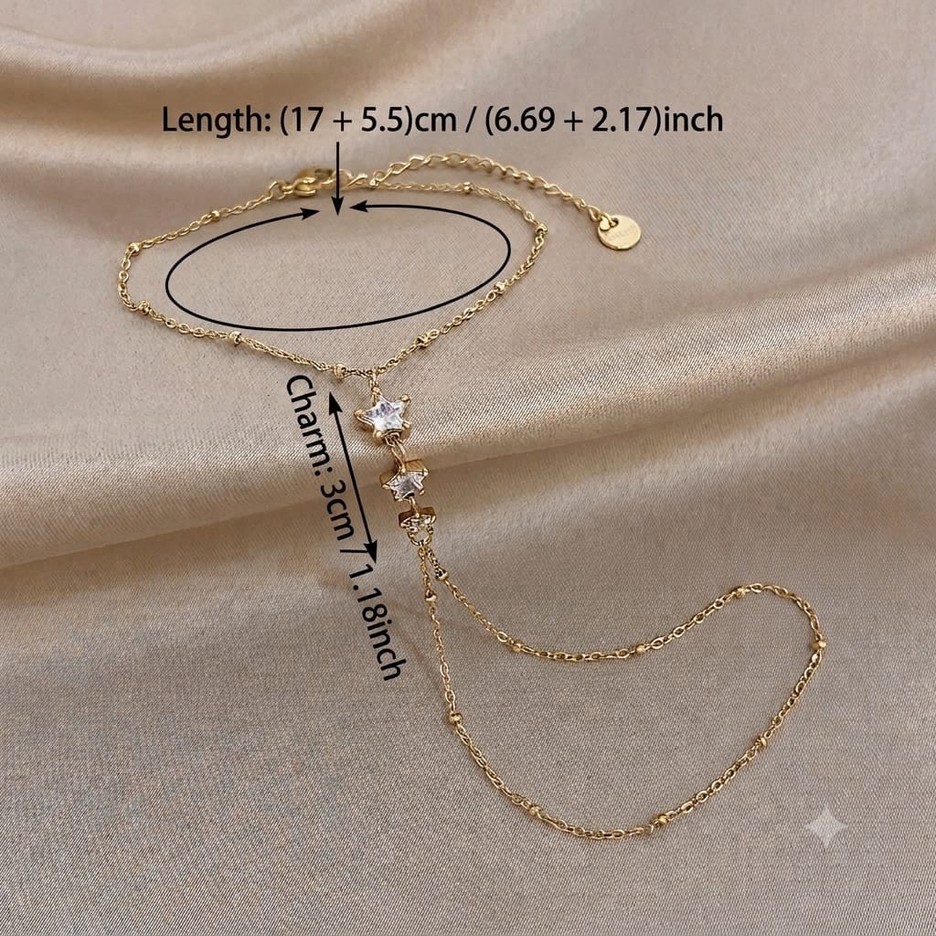 Star Finger Ring Bracelet Women Stainless Steel CZ Link Chain Hand Jewelry Gold