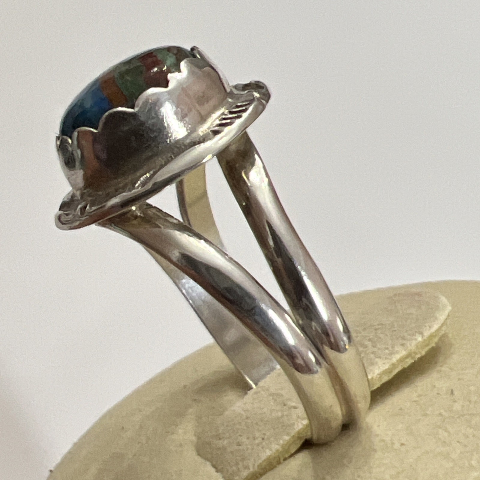 Vintage HT Native American Rainbow Calsilica Ring Sz 8 Sterling Signed Stamped