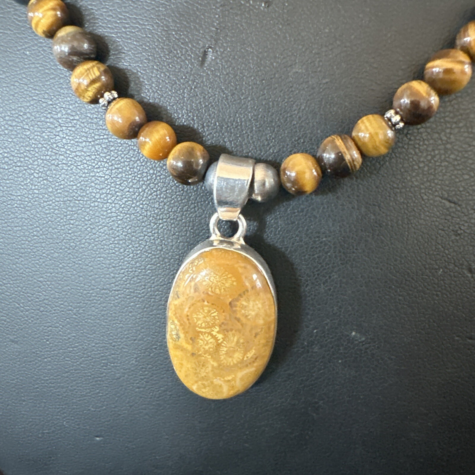 Coffee Brown Tigers Eye Sterling Silver Pendant Necklace Southwestern 18281