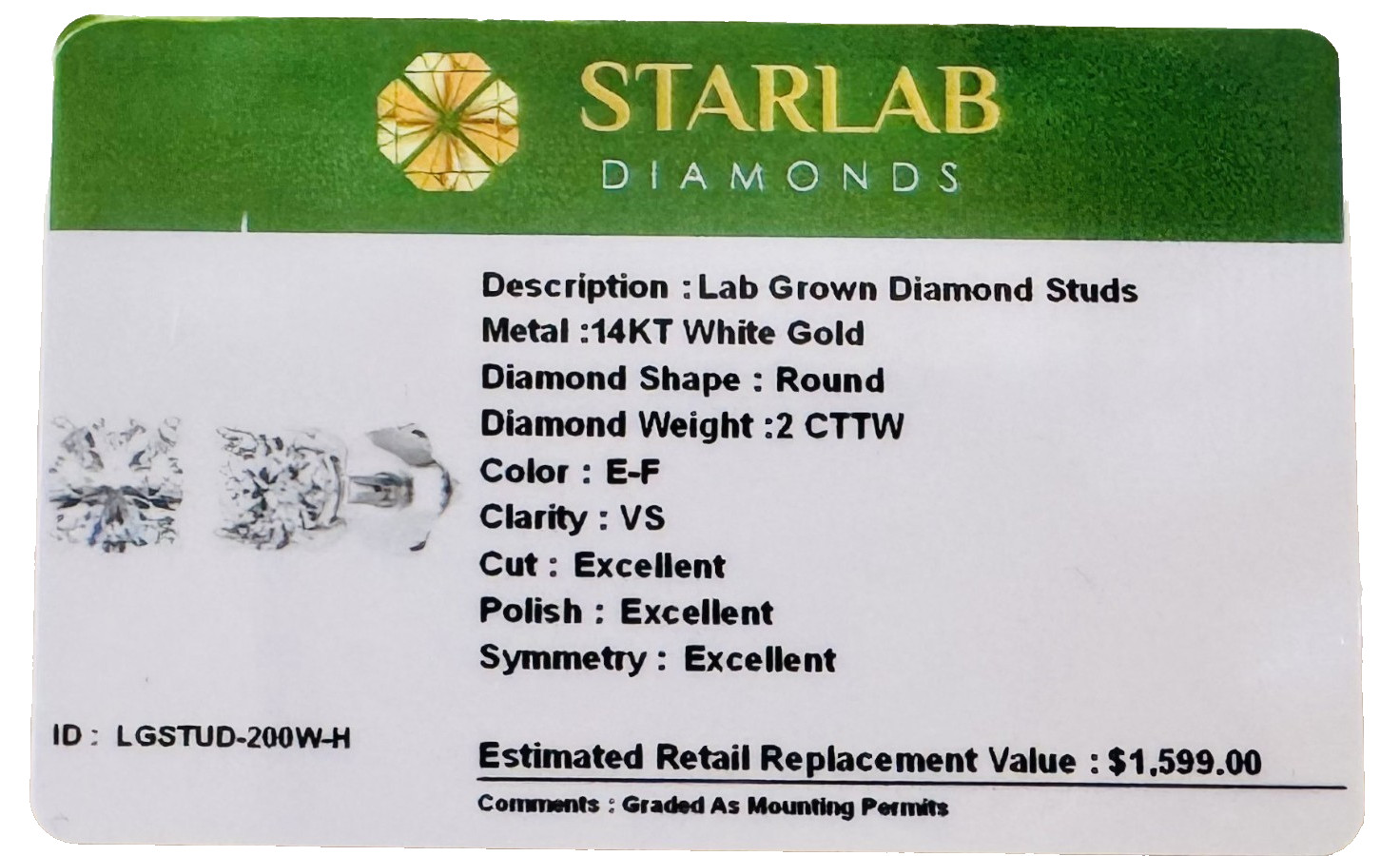 2 Ct Round Cut VS1/E Certified Lab Grown Diamond Stud Earrings 10k Yellow Gold
