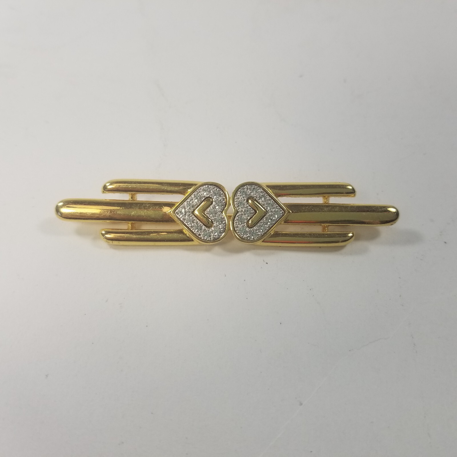 Beautiful Monet Vintage Gold Tone 3 Bar Brooch With Rhinestone Hearts