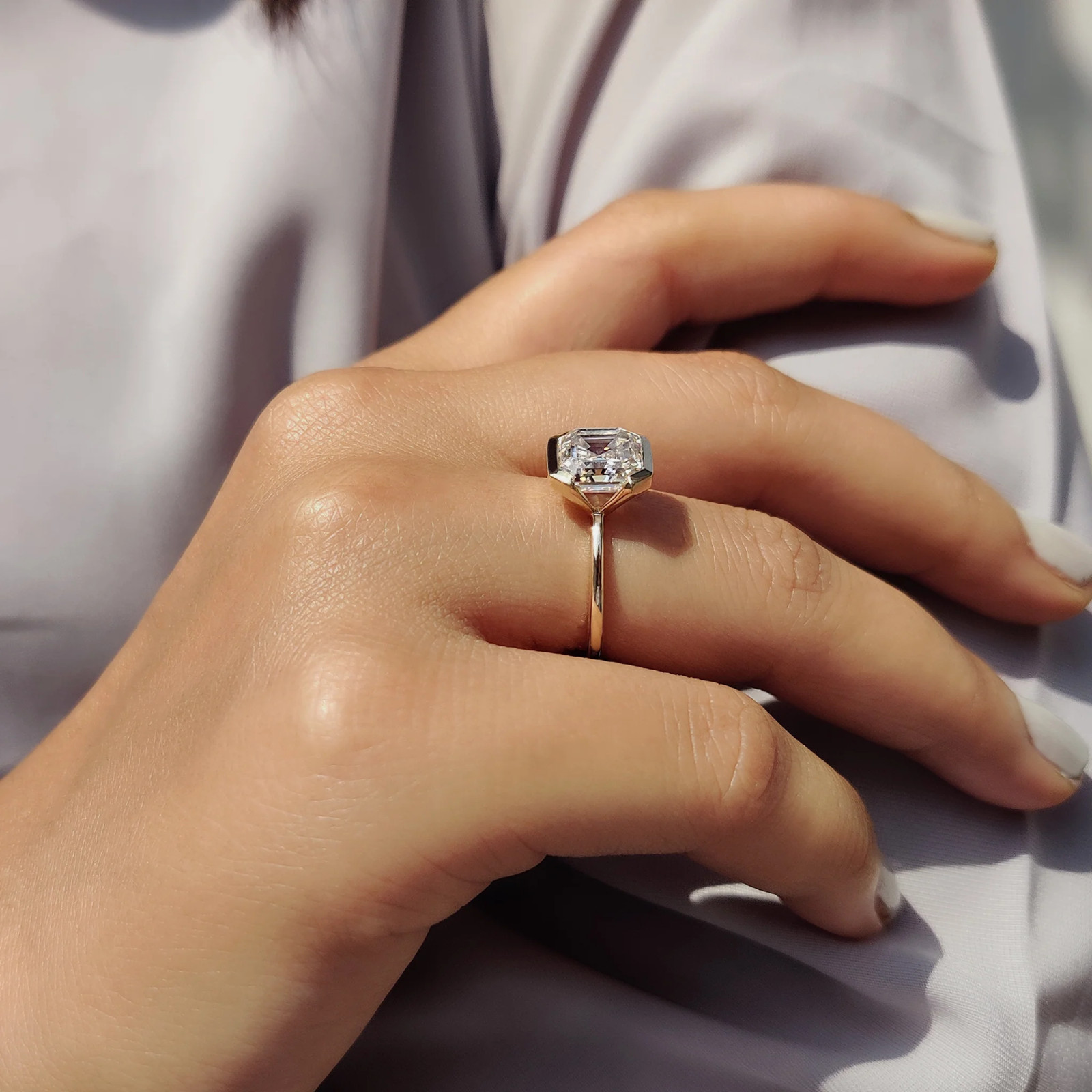 2.0CT Asscher Cut Moissanite Half Bezel Engagement Ring 14K Yellow Gold Plated