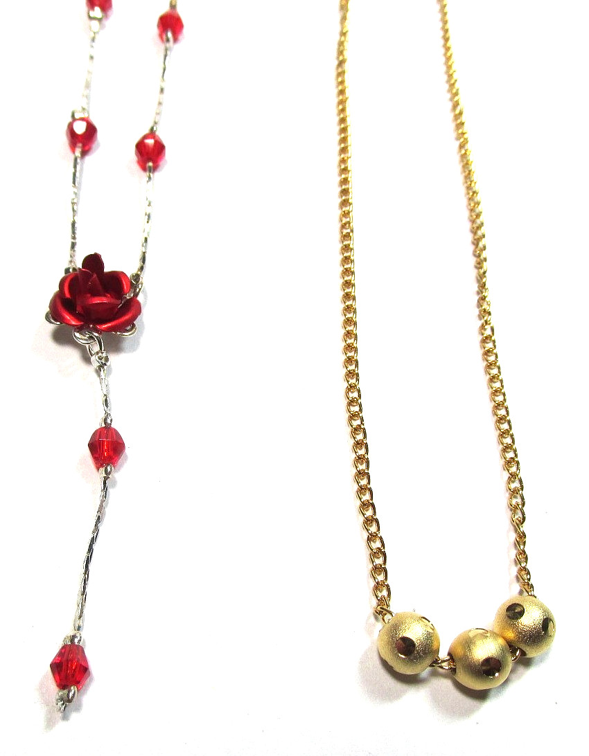 Lot of 2 Silver Red Crystal Flower & Gold Beads 16″ 17″ Necklaces – NWOT (#2922)