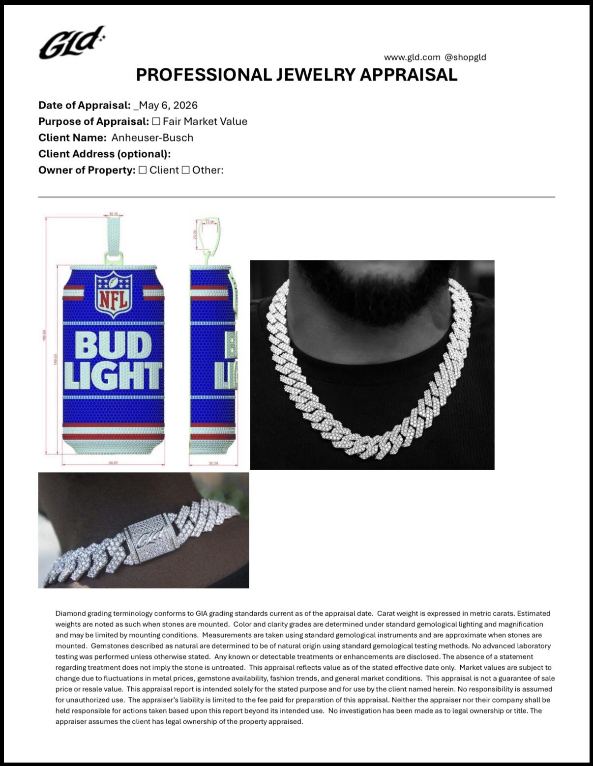 GLD x Bud Light NFL Men’s Cuban Link Chain Necklace Can Charm Pavé Signed