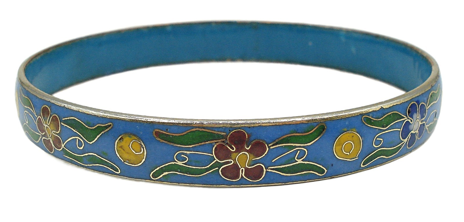VINTAGE CLOISONNE BRACELET BANGLE FLORAL BLUE YELLOW GREEN RED ENAMELS 3/8″ X 8″
