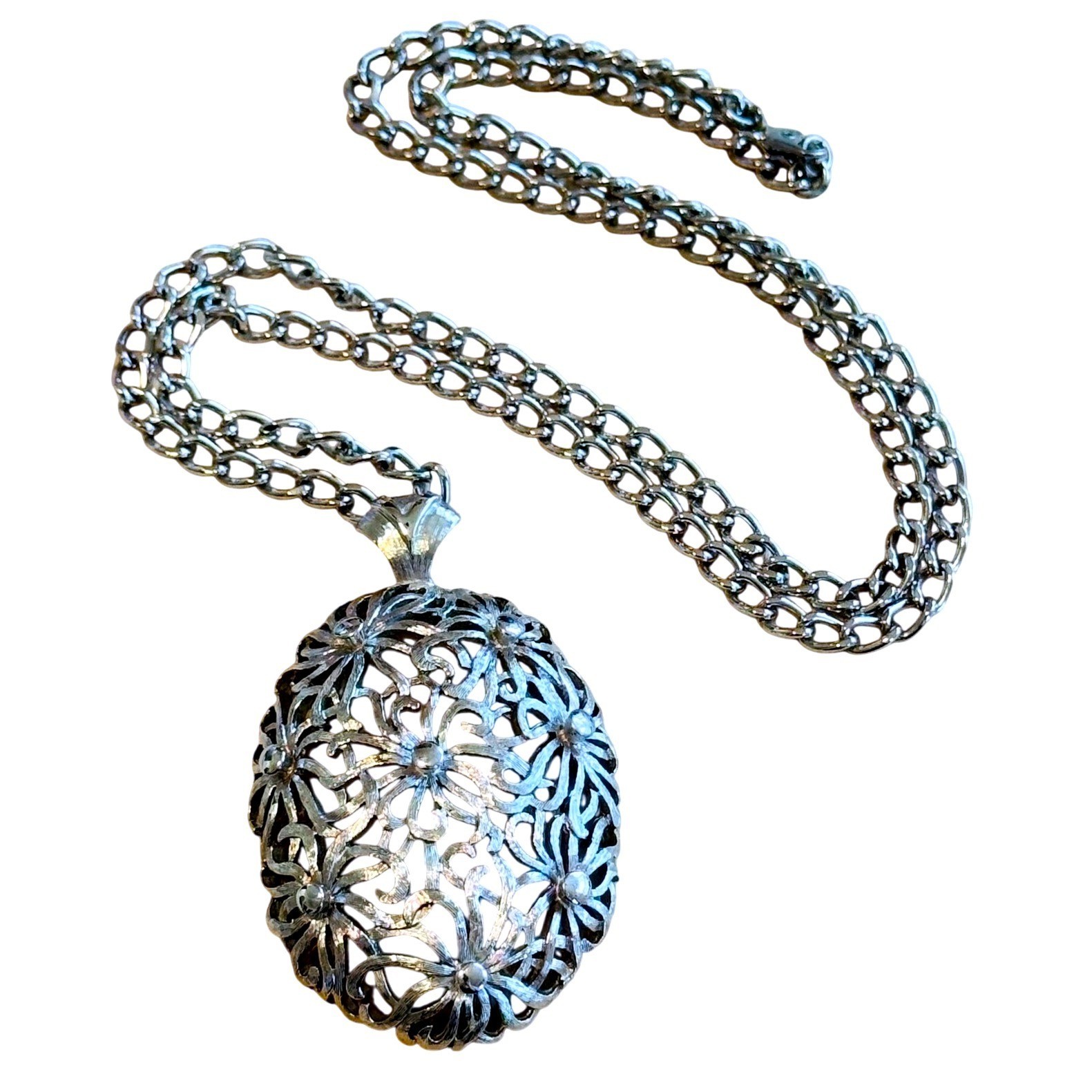 Monet Signed Necklace VTG Floral Daisy Metal Designer silver tone Retro MCM 60s