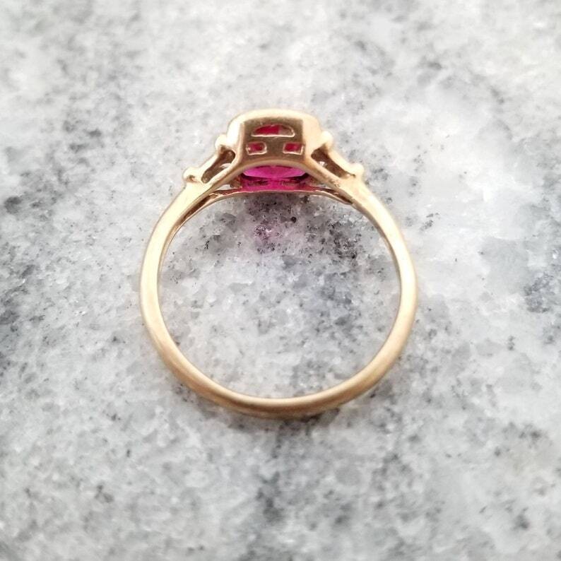 2.35 Carat Natural Emerald Cut Pink Ruby Gemstone Ring in 10k Yellow Gold o227