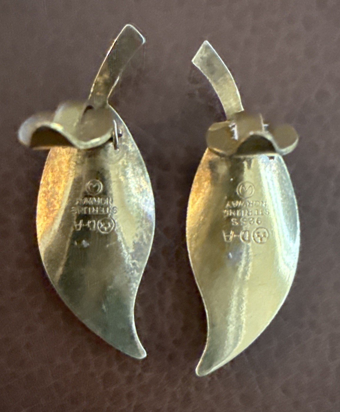 David Andersen Leaf Earrings Guilloche Blue Enamel Sterling Silver Norway 925S