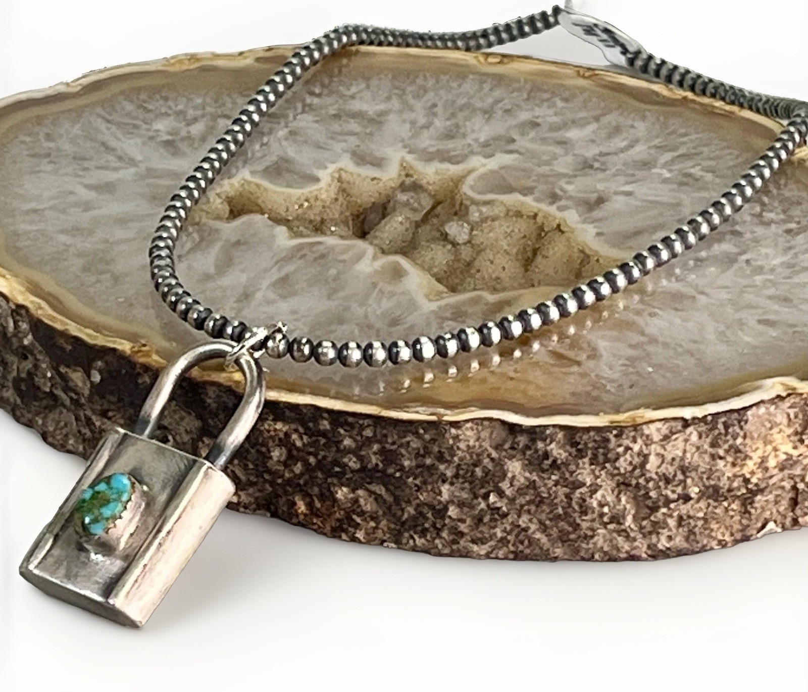 Sterling Silver Turquoise Padlock Pendant 925 Desert Pearl SW 16” Necklace 11.7g