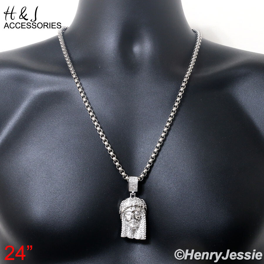 18″-40″MEN Stainless Steel 5mm Silver Box Link Chain CZ Jesus Face Pendant*IP150
