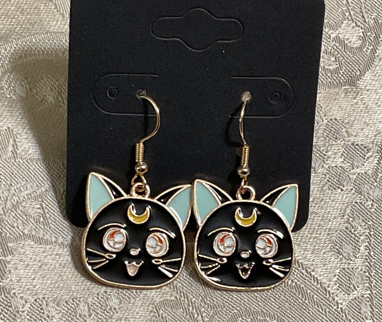 Sailor Moon LUNA Cat Charm Anime Cartoon Gold Dangle Earrings
