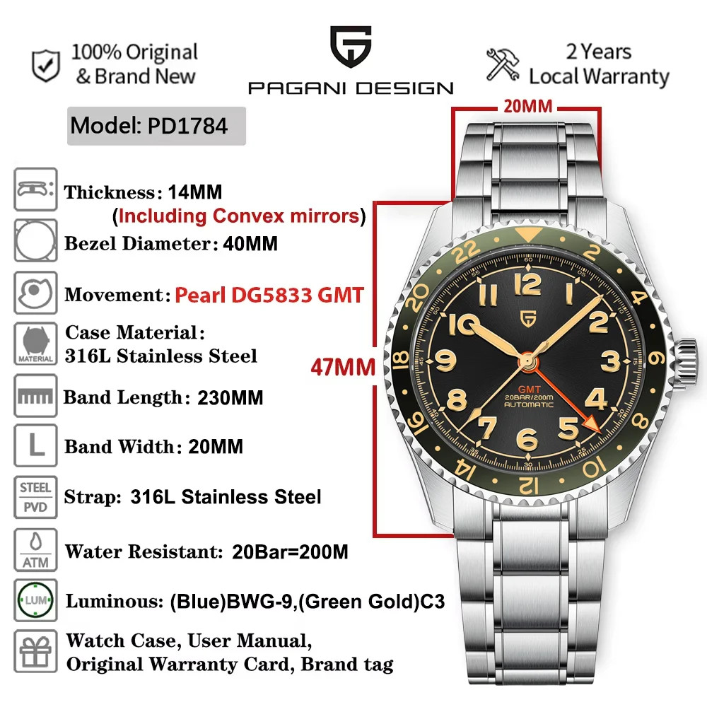 PAGANI DESIGN PD1784 GMT Automatic Mechanical Watch 40mm Sapphire 20Bar Diver