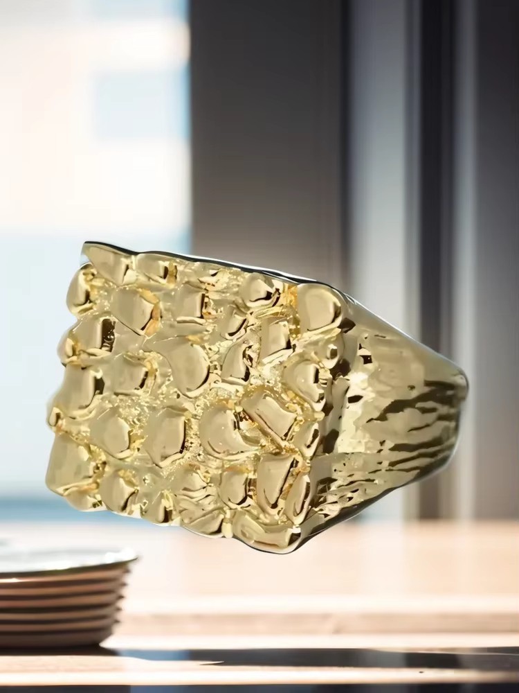 MENS GOLD PLATED DESIGNER NUGGET PINKY RING SQUARED OFF RING SIZES 6-13